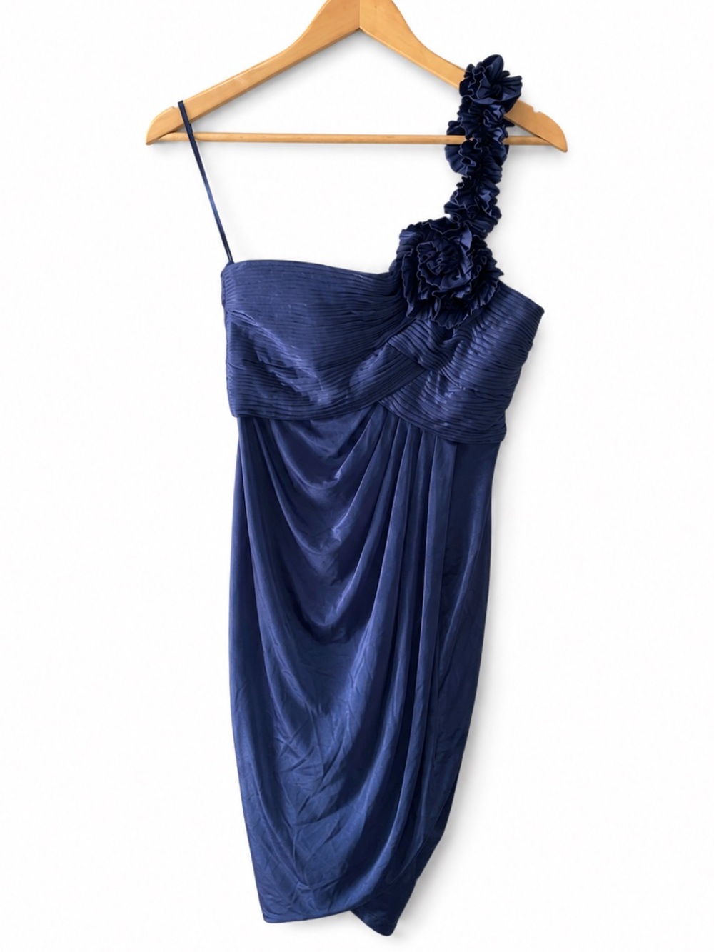 BCBGMaxAzria Navy One-Shoulder Cocktail Dress with Floral Shoulder Detail - Picture 3 of 9